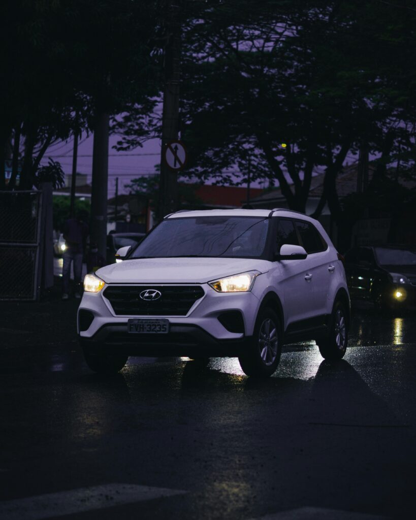 White Hyundai Car on road, Night View (top 10 car brands)